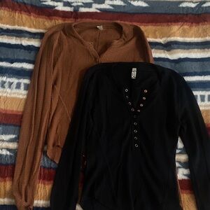 Free People Tan and Black Ribbed Blouses